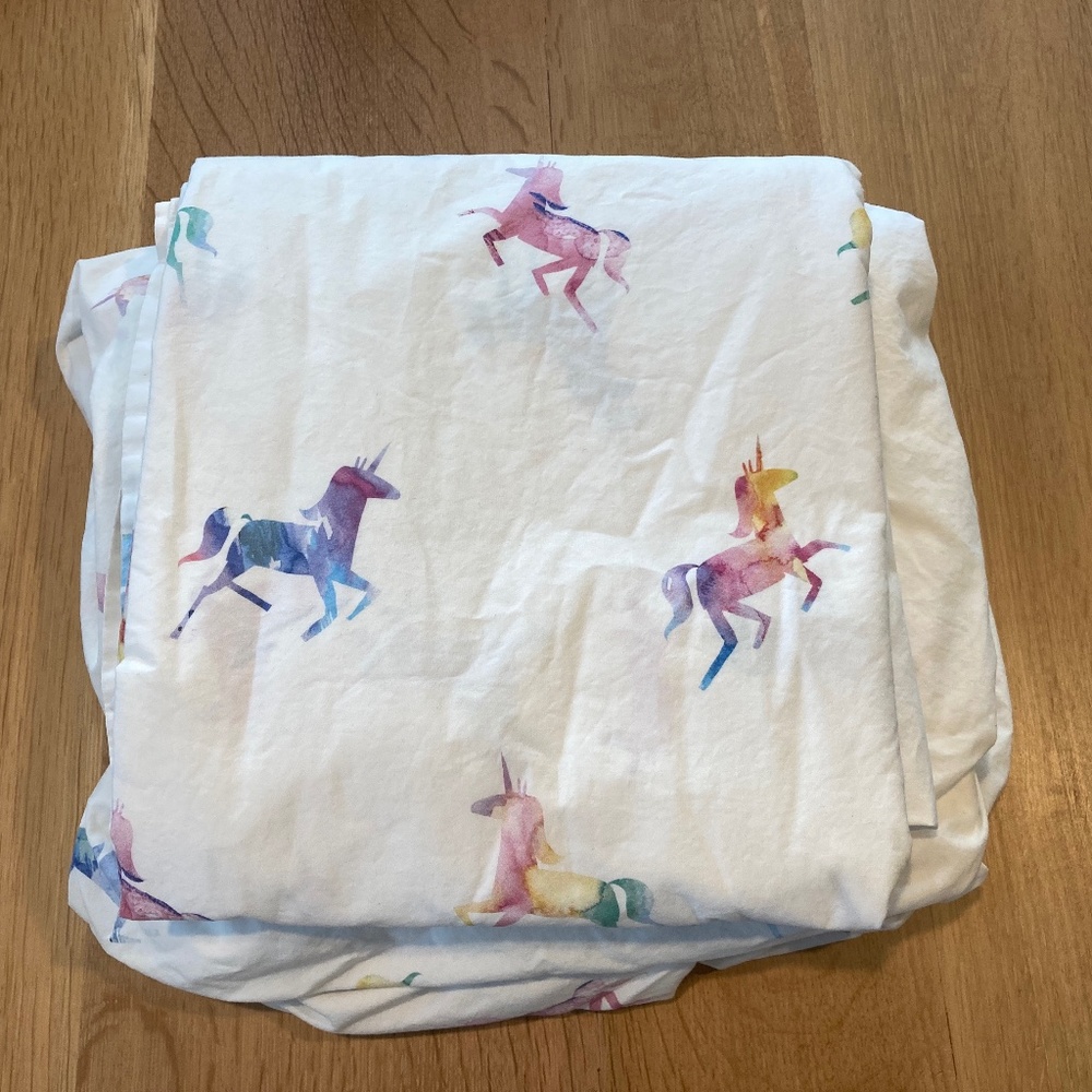 West Elm organic watercolor unicorn sheet set full